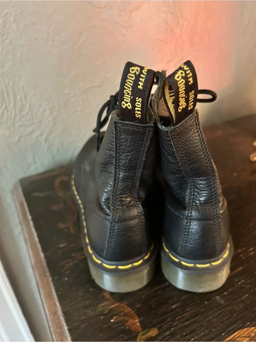 Dr. Martens Pascal Virginia Black Leather Lace-Up Boots with Yellow Stitching